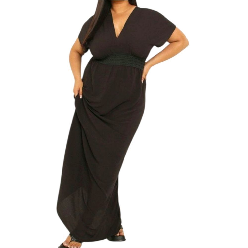 Boohoo Black Maxi Swim Dress – Plunge Neck, Size 18